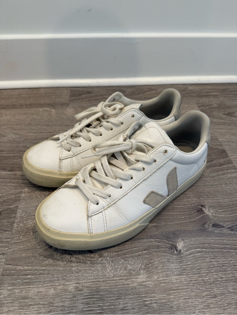 Veja White Leather Sneakers with Beige Accents